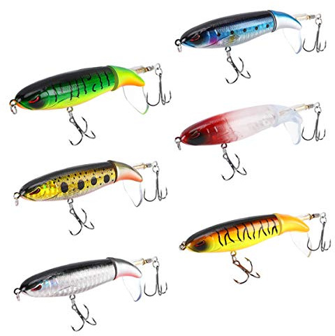 ULIKEYEAH 6PCS Whopper Fishing Lure, Bass Popper Lure kit, Topwater Fishing Lures with Rotating Tail with Storage Box, Floating Popper for Freshwater Saltwater