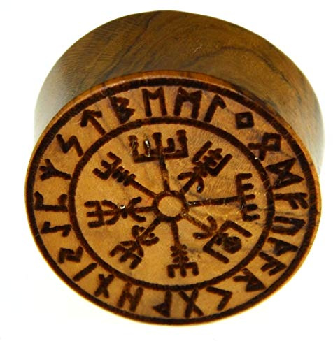 Flesh Holz Plug Vegvisir Viking Wikinger Kompass mit Runen Ring, double flared Tunnel Expander Dehner aus Teakholz in braun, Lobes Piercing mit Laser Gravur für Damen und Herren,10mm - 20mm 08 mm