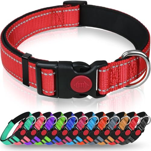 Taglory collare per cani, Imbottito Nylon Regolabile Traspirante Riflettente Collari per Cani di Taglia Media, Rosso