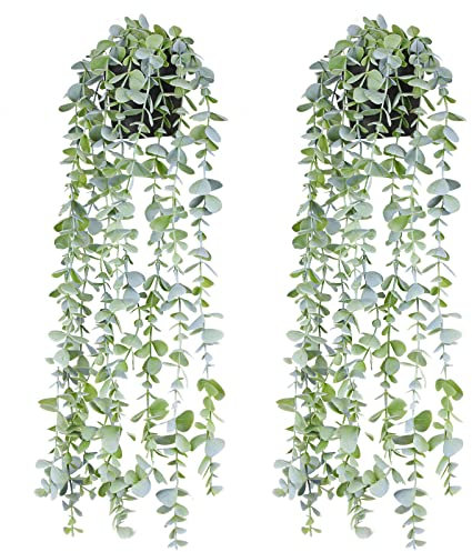 BACAMA Fake Hanging Plants Eucalyptus Potted Artificial Plant Small Faux Ivy Vines Decor for Floating Shelf Kitchen Bathroom Cabinets Indoor Outdoor Pack of 2 23.6 Inches Long