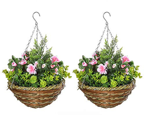 Outsunny Pack of 2 Faux Plant Artificial Lisianthus Flowers Hanging Planter with Basket for Indoor Decoration, Pink