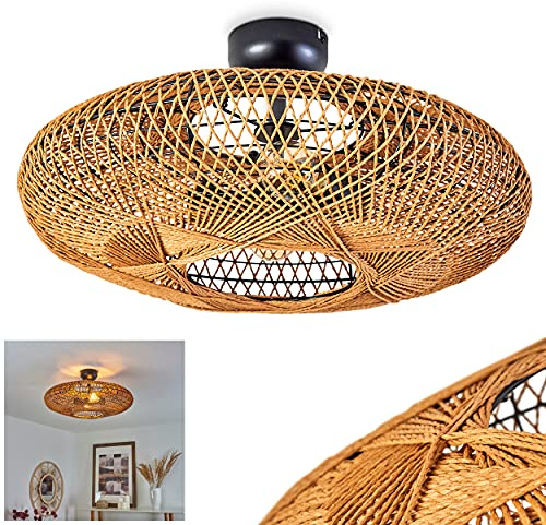 HOFSTEIN Deckenleuchte Mulstrand, Deckenlampe aus Metall/Sisal in Schwarz/Natur, Leuchte im Boho-Design Ø 52 cm, Lichteffekt durch Gitter-Optik, 2 x E27, Esszimmmer, Schlafzimmer, Wohnzimmer, Küche