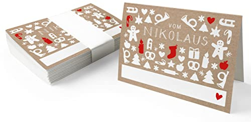 25 Geschenkanhänger vom Nikolaus Beige - originelle Mini Weihnachtskarten zum Weihnachtsgeschenke Beschriften, edel exklusiv individuell, A7 Recyclingpapier Klappkarten