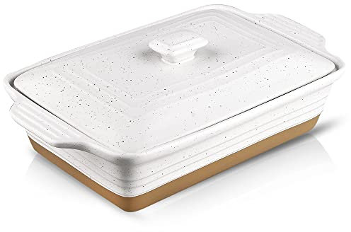 HVH Ceramic Casserole Dish with Lid - Oven Safe, 9x13 Rectangular Baking Dish, 3.5 Quart, Farmhouse Style (White)