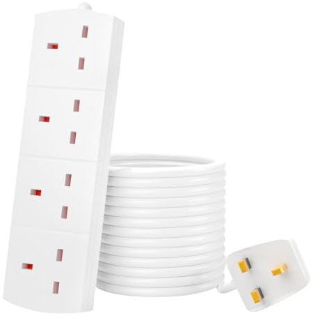 Extension Lead UK Pin Plug and Cable, 4 Gang Way Socket Outlets Power Strips (13 A) Surge Protection Plug with 1m Extension Cord for Multiple Appliances of Home,Office-White