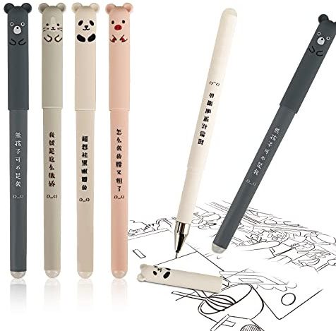 Erasable Gel ink Pens 4 Pack,Cute Cartoon Animal Stationary, 0.35mm Black Ink Gel Pen for Kids Adults Sketching,Drawing,School Office Supplies