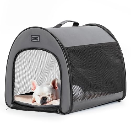 Petsfit Hundebox faltbar für kleine Hunde Katzen, tragbare & Atmungsaktive Hundebox für Zuhause mit Gewölbtem Design, Zimmerkennel Hund Hundeschlafbox mit Anti-Offener Reißverschluss und Plüschkissen