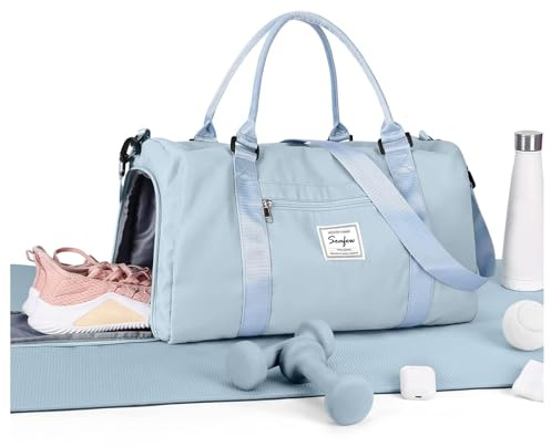 HYC00 Sport Duffel Bag Damen,Handgepäck 45x36x20 für Ryanair Cabin Bags Sporttasche mit Nassfach & Schuhfach Reisetasche Handgepäck Tasche für Easyjet Flugzeug Weekender Bag Schwimmtasche,Hellblau