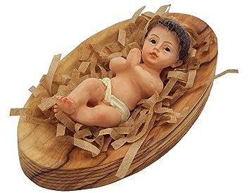 Olive Wood Gifts Shop Handcrafted Gypsum Baby Jesus (2.3 Inch) Laying in Olive Wood Manger (3.3 Inch), Carved by Talented Artists in Bethlehem