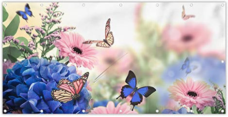 MuchoWow® Balkon Sichtschutz Sichtschutzmatte Balkonbanner Abdeckung für Terrasse Balkon Windschutz Blickdicht Wetterfest 200x90 cm Schmetterlinge - Blumen - Hortensien - Insekten