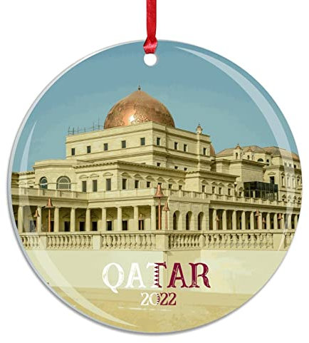 Acryl Weihnachten Ornament Nahen Osten Landschaft 2022 Runde Andenken Weltmeisterschaft 2022 7,6 cm mit roter Schnur Stadt Reise Hängende Ornament Weihnachtsbaum Personalisierte Mode Feiertage