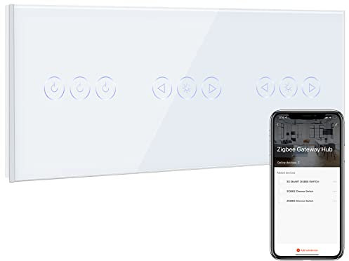 BSEED Smart ZigBee Single Live Lichtschalter 3 Fach mit Doppel ZigBee Dimmer Schalter, ZigBee Schalter, Wandschalter Lichtschalter Unterputz Glas arbeitet Smart Life/Tuya, Alexa Weiß(Hub erforderlich)