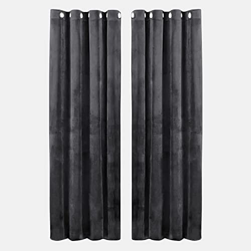 Hafaa Charcoal Blackout Curtains for Bedroom – 46” wide x 54” drop Readymade Crushed Velvet Curtains for Living Room – Eyelet Room Darkening Curtains with 2 Tie Backs (116cm x 137cm)