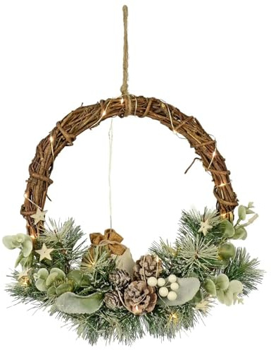 Light Up Christmas Half Wreath Rustic Rattan Twigs Stars Pine Cones Berries 33cm