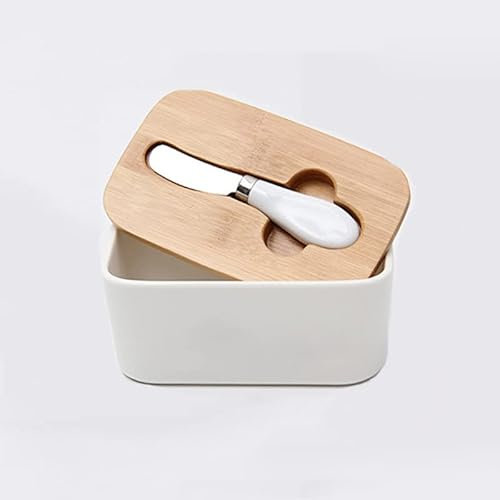 Butter Dish Creative Ceramic Butter Plate Butter Sealing Box with Wood Lid and Knife Cheese Storage Tray Dish White Container Box Butter Container