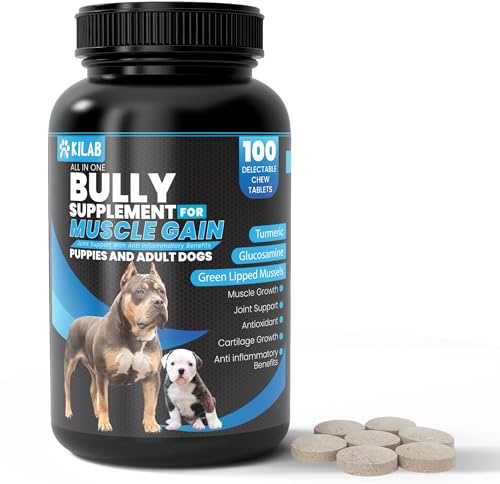 Kilab Dog Weight Gainer – 100-Count Muscle Builder Dog Supplement – Muscle Growth Supplement for Dogs, Puppies and Adults – Bully Growth Formula with Turmeric, Glucosamine, Green Lipped Mussels