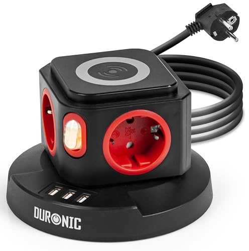 Duronic ET4W Tour multiprise 4 Prises 3680W 3 Ports USB Parasurtenseur | Recharge sans fil pour téléphone Protection contre les surtensions Câble de 1,8 m Prises multiples 16A