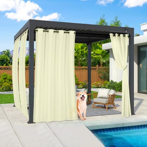 Qelus Outdoor Vorhang Wetterfest, 2er Set Nicht Transparent Outdoorvorhänge Wasserdicht mit Ösen, Dekoschal Sonnenschutz Sichtschutz für Balkon Garten Terrasse Pavillon, B132xH213cm, Creme