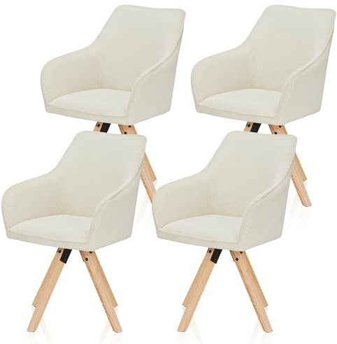 KHG Esszimmerstühle drehbar 4er Set, Drehstuhl mit Armlehnen Cord Beige, Stuhlbeine Holz Esche, Küchenstuhl, Polsterstuhl, Essstuhl, Armlehnstuhl, für Esszimmer Küche Büro