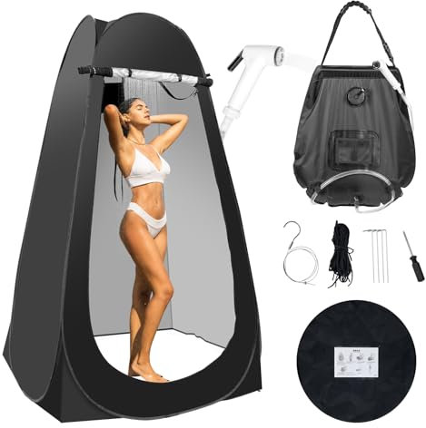 Tragbares Camping-Badezimmer-Duschzelt-Set, Pop-Up-Pop-Up-Pavent-Umkleidezelt mit 1,8 l Duschtasche (Düse verbessert) (schwarz)