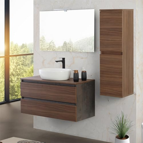 Inbagno Mobile bagno sospeso 100 cm ossido e noce canaletto con top, lavabo in appoggio e specchio reversibile 60x80 cm, KLEO