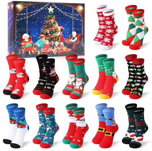 Shujin Weihnachten Socken Adventskalender für 2025 Frauen,Weihnachtskalender mit 12 Überraschungen Christmas Socks Countdown Weihnachtssocken Lustige Festlicher Geschenk (12 Paar)