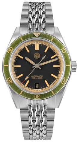 San Martin 39,5 mm Herren Taucheruhr Vintage Distressed Effekt NH35 Automatische mechanische Uhr Wasserdicht 200 m C3 Lume SN0116 Reloj, Grüne Lünette, Armband
