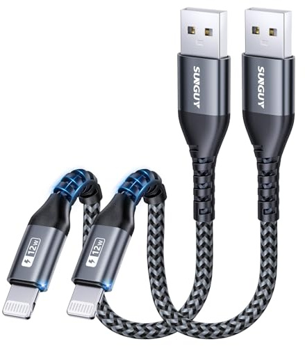 SUNGUY iPhone Ladekabel Kurz 15cm, 2Stück USB auf Lightning Kabel Nylon iPhone Ladekabel Schnellladekabel Kompatibel mit iPhone 14/13/12/11 Pro Max Mini Xs 8 7 6 5 Plus, iPad Air/Mini