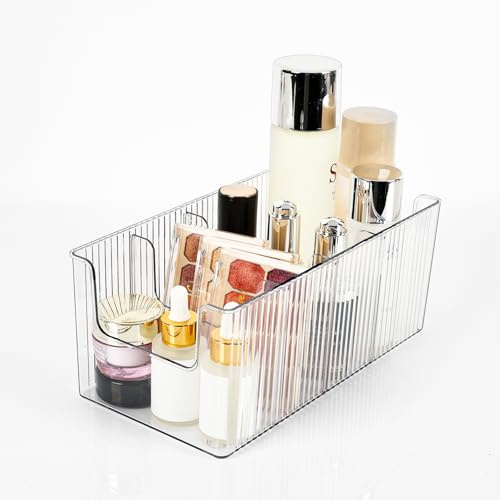 JessLab Organizador de Maquillaje en Forma de U, Caja de Almacenaje Cosmético PET con 4 Compartimentos y Divisores Extraíbles, Diseño Apilable para Mostrador de Baño y Escritorio, 1 Paquete