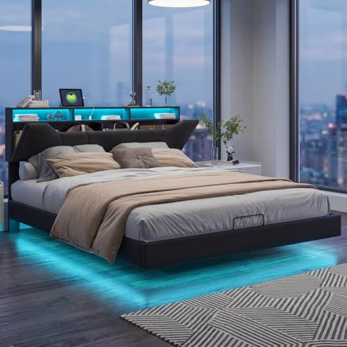 JiaOyu Polsterbett 160x200 mit LED-Beleuchtung, Stauraumbett mit hydraulischem System, verstellbarem Kopfteil & USB-C Ladeanschluss, Elegantes Design in Schwarz, Ohne Matratze (160x200cm)
