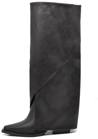 IF Stivali Donna con gambale rovesciato Ghetta Integrata e Punta Squadrata Gambale Alto Asimmetrico con Tacco Nascosto 2701-1 Nero N.37