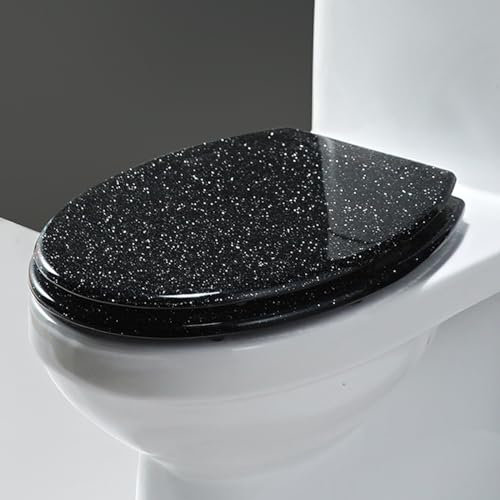 Glitter Oval Toilet Seat 16.5 - Adjustable Hinge Non-Slip Bumpers Quick Release for Easy Cleaning Safe Resin Slow Close Lid - Stylish Black Decor for Modern Bathrooms