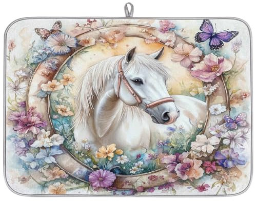 Watercolor Painting Horse Butterfly Absorbent Dish Drying Mat for Kitchen Counter, Reversible Microfiber Dish Drying Pad with Hanging Loop for Glassware Utensils Pots 18x24 in