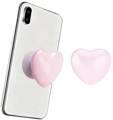 Universal Heart-Shaped Sticky Phone Grip, Pink Grip for Back of Phone with Stand, Multi-angle is Stretchable Glass Stand for Smart