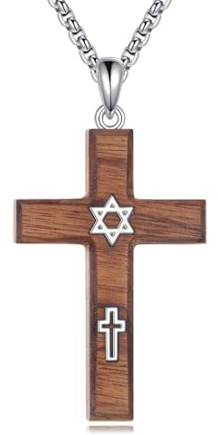 CUPENDA Holz Kreuz mit Davidstern Halskette Kette 925 Sterlingsilber Holz Davidstern-Kreuz Anhänger Religiöser Holzschmuck für Damen Herren mit 24 Zoll langer Rundkette