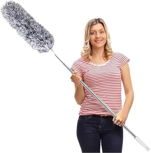 Staubwedel Teleskop Waschbar, Staubwischer Mikrofaser Edelstahl Staubwedel Lang Stange und Verbiegbare Eckbesen, Ausziehbar Extra Lang Bis 254cm