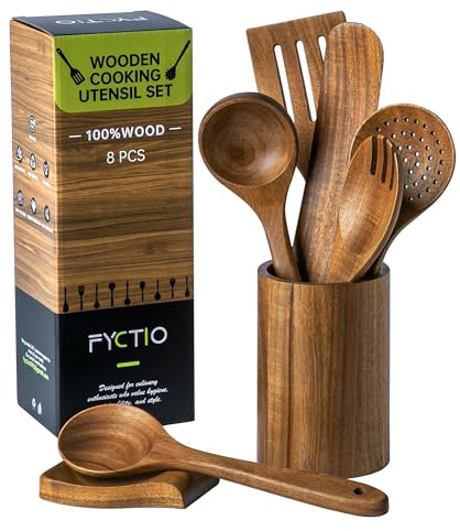 8 PCS Wooden Utensil Set with Holder, Spoon Rest, Durable Wooden Spoons for Cooking, Heat-Resistant, Comfort Grip,Easy to Clean, Non-stick Friendly, Ideal for Gifting