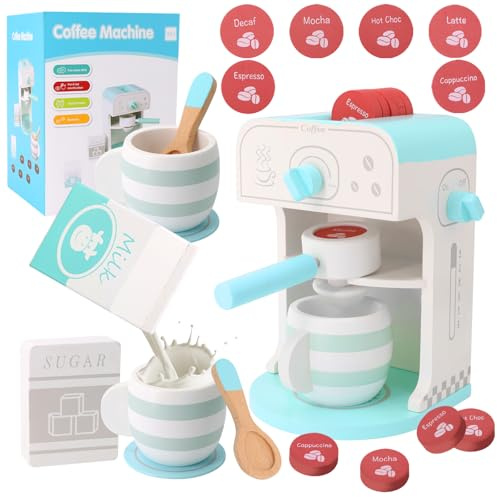 Kinderspielzeug: Wood Coffee Machine for Children-13-teiliges Set mit Kaffeemaschine, Kaffeemühle und Rollenspiel Zubehör Geschenk für kleine Barists
