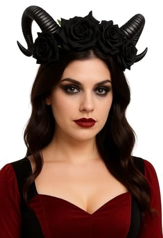 MIMIKRY Satanisches Horn - Gothic Kopfschmuck mit Widderhorn, Rosen und Spitze Schwarz Dämon diabolisch