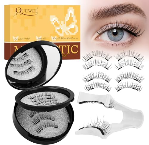 QUEWEL Magnetische-Wimpern Set, 2 Paar Magnet-Wimpern mit Applikator, kein Kleber erforderlich, einfach anzubringen und zu entfernen, wiederverwendbare Magnetische Wimpern natürlicher Look (01+03-N2)