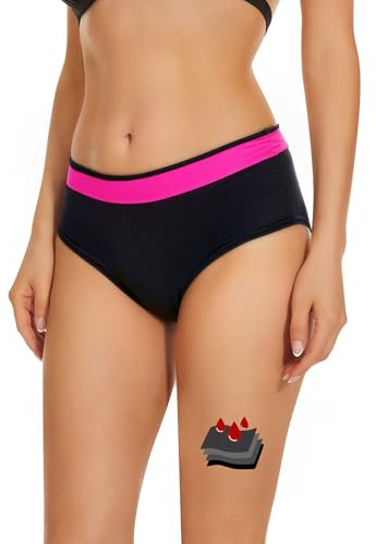 Becotal Perioden Bikinihose für Mädchen & Damen – Mittelhohe Taille Menstruations Badeanzug mit 4-Schicht-Schutz, Auslaufsicher Period Bademode zum Schwimmen – Farbiger Bund, Schwarz & Rosa, XL