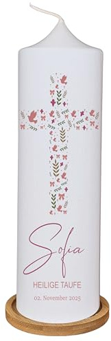 Personalisierte Taufkerze, Kommunionkerze Kreuz - Sofia - für Mädchen mit Rosa Kreuz Herz, mit Name, Datum