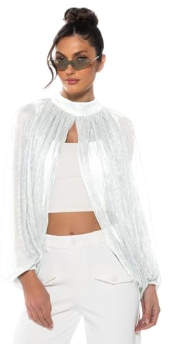Edhomenn Women's Sheer Chiffon Blouse Shirts Glitter Solid Color Long Sleeve Mock Neck Open Front Tops Mesh Cover Up
