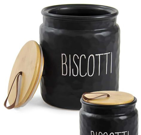 MA MAISON Barattolo Biscottiera 15x18h cm - in Ceramica, Rotondo, Effetto Ondulato, con Scritta Biscotti Nero o Bianco, Tappo in Legno, Chiusura Ermetica, Conservazione, Minimalista