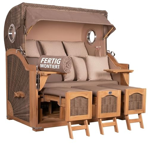 MR. DEKO Strandkorb XXL Dreisitzer Düne Grande Teak-Holz | Volllieger 3-Sitzer-Strandkorb mit Bullaugen | Gartenstrandkorb inkl. Lifter-System, Rollen, Abdeckhaube | 170x95x170 cm