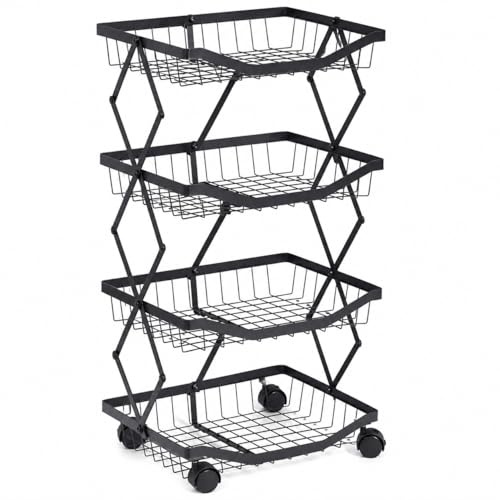 BURAKH 4 Tier Folding Trolley Cart Fruit & Vegetable Basket Storage Organizer – Rolling Utility Storage Rack with Wheels for Kitchen, Pantry & Home Space Saving Use