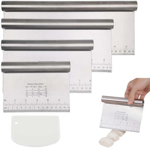 5 Stück Teigkarte Set, Teigschaber Edelstahl, Teigschneider 15/20/25/30cm mit Messskala,Spachtel Küche zum Portionieren, Schneiden für Pizza, Brot, Kuchen, Backutensilien