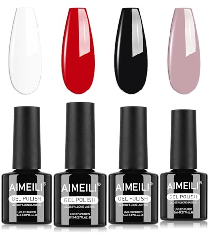AIMEILI Smalto Semipermanente Unghie Kit 4 Colori Rosso Nero Bianco Rosa French Unghie Gel Colori Semipermanente Soak Off Gel Nail Polish Kit Fai Da Te Per La Casa Nail Salone 8ml