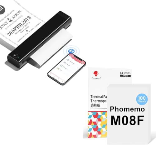 Phomemo M08F A4 Schwarz Tragbarer Drucker mit 100 Blatt A4 Thermopapier, Kabelloser Bluetooth Mobildrucker für Reisen, Auto, Büro & Zuhause