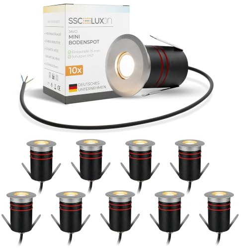 SSC-LUXon JAVO Bodeneinbaustrahler 10 Stück IP67 warmweiß Ø47mm 230V | Zehn Erdstrahler mit direktem Licht - befahrbare Wegeleuchten für Garten, Einfahrt & Terrasse, wetterfest IP67, ohne Trafo